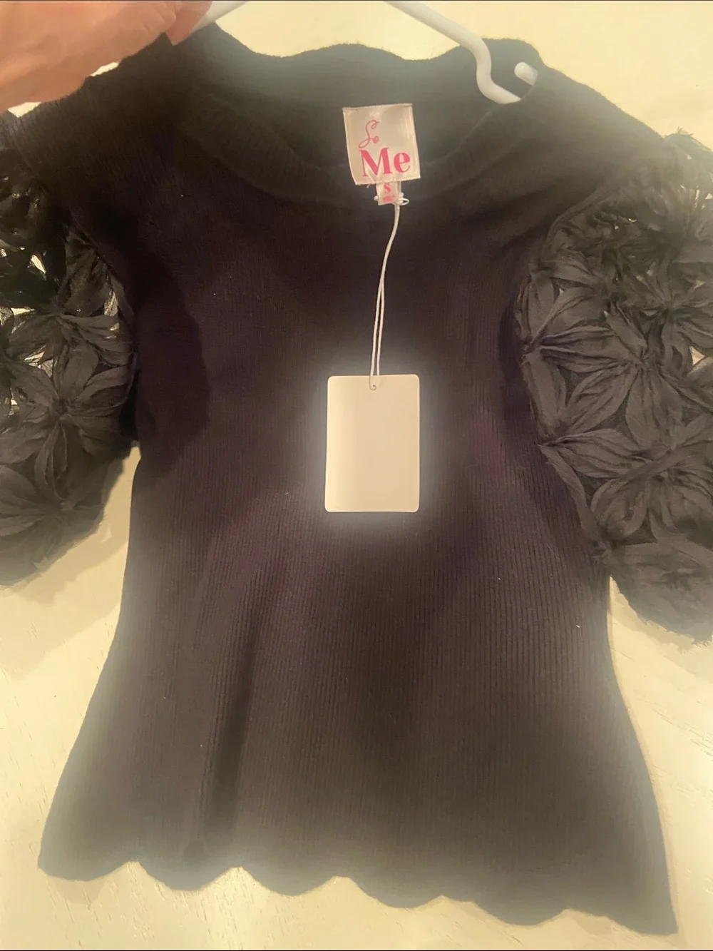 So Me Black Puff-Sleeve Knit Top with Textured Sleeves